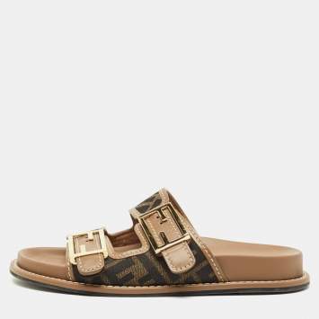 Pre Owned Fendi Brown Zucca Canvas and Leather Feel Flat Sandals Size 35