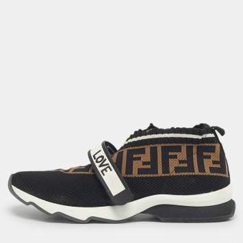 Pre Owned Fendi Black/Brown Knit Fabric FF Rockoko Slip On Sneakers Size 40