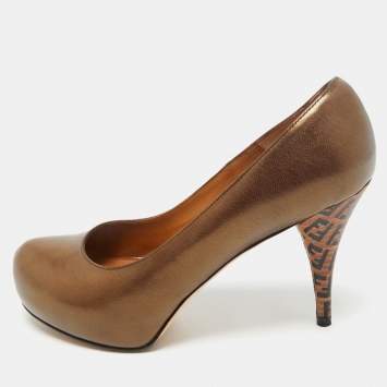 Pre Owned Fendi Metallic Bronze Leather Platform FF Pumps Size 36