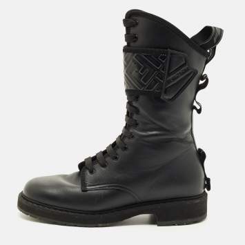 Pre Owned Fendi Black Leather Forever Fendi Hiking Boots Size 37