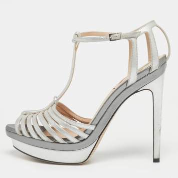 Pre Owned Fendi Silver Leather T-Strap Platform Sandals Size 39