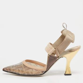 Pre Owned Fendi Brown/Beige Sequins and Canvas Colibri Slingback Pumps Size 40