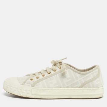 Pre Owned Fendi Cream FF Canvas Domino Lace Up Sneakers Size 40