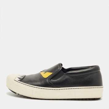 Pre Owned Fendi Black Leather Monster Slip On Sneakers Size 37