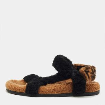 Pre Owned Fendi Brown/Black Shearling Fur Ankle Strap Flat Sandals Size 38