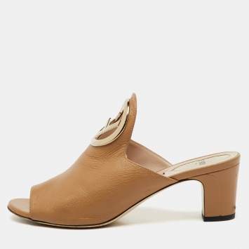 Pre Owned Fendi Beige Leather F Logo Open Toe Mules Size 37.5
