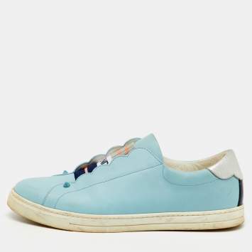 Pre Owned Fendi Light Blue/Silver Leather Rockoko Slip On Sneakers Size 41