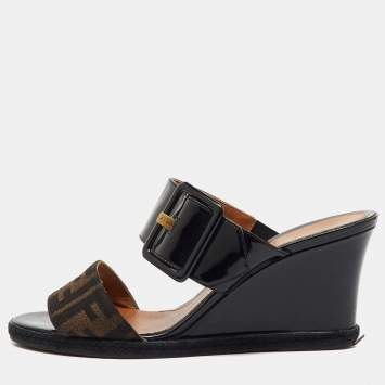 Pre Owned Fendi Black/Brown Patent Leather and Zucca Canvas Wedge Sandals Size 38