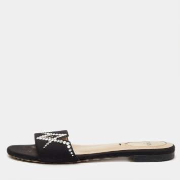 Pre Owned Fendi Black Satin Crystal Embellished Flat Slide Sandals Size 36
