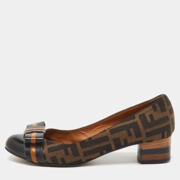 Pre Owned Fendi Black/Brown Zucca Canvas and Patent Leather Bow Pumps Size 36