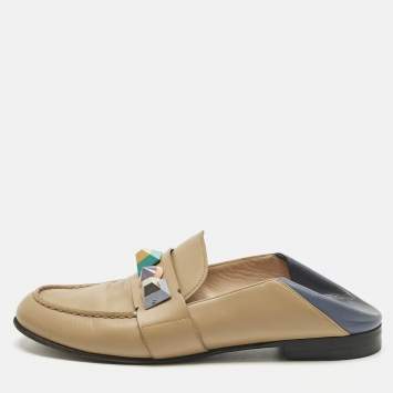 Pre Owned Fendi Brown/Blue Leather Studded Loafer Mules Size 40