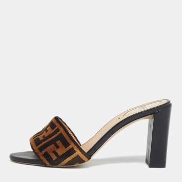 Pre Owned Fendi Black/Brown FF Velvet Slide Sandals Size 39