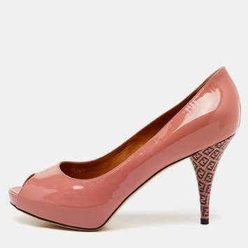 Pre Owned Fendi Rose Pink Patent Leather Zucca Heel Peep Toe Platform Pumps Size 39