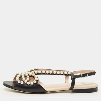 Pre Owned Fendi Black Leather Pearl Embellished Flat Sandals Size 38