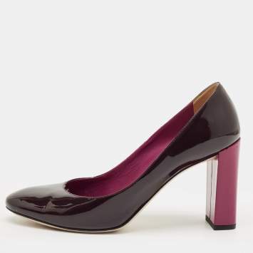 Pre Owned Fendi Burgundy Patent Leather Block Heel Pumps Size 38.5