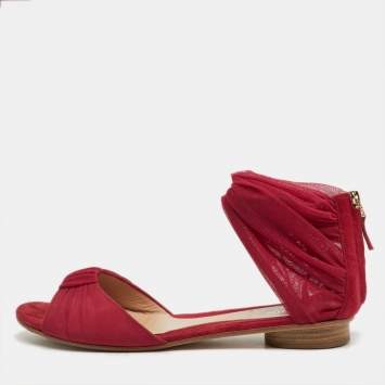 Pre Owned Fendi Red Mesh and Suede Ankle Wrap Flat Sandals Size 37