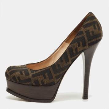 Pre Owned Fendi Brown Zucca Canvas Fendista Platform Pumps Size 37.5
