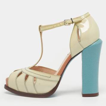 Pre Owned Fendi Beige/Blue Patent Leather Cut Out T-Strap Platform Sandals Size 37
