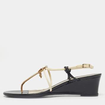 Pre Owned Fendi Tri-Color Patent Leather Bow Thong Wedge Sandals Size 38.5