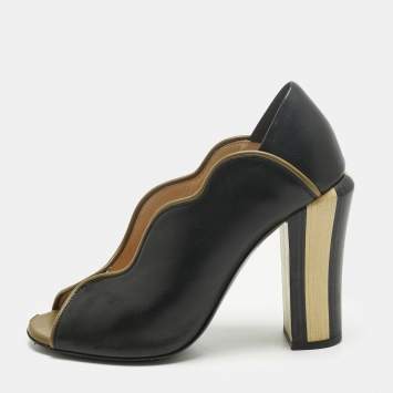 Pre Owned Fendi Black Leather Scallop Lined Peep Toe Pumps Size 37