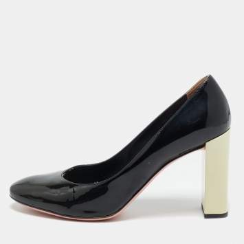 Pre Owned Fendi Black/Cream Patent Leather Block Heel Pumps Size 40
