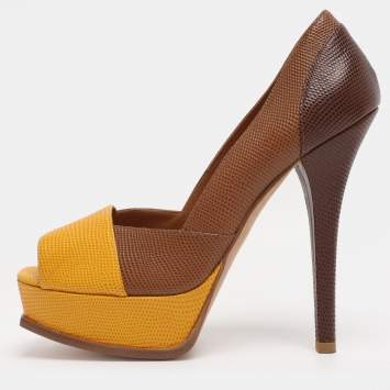مملوكة مسبقًا Fendi Brown/Yellow Lizard Embossed Leather Fendista Peep Toe Pumps Size 40