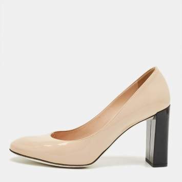 Pre Owned Fendi Beige Patent Leather Round Toe Block Heel Pumps Size 40