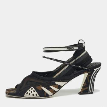 Pre Owned Fendi Black/Brown FF Neoprene and Mesh Freedom Patchwork Slingback Sandals Size 40