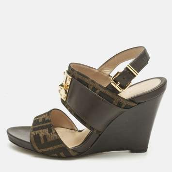 Pre Owned Fendi Brown Zucca Canvas and Leather Slingback Wedge Sandals Size 39