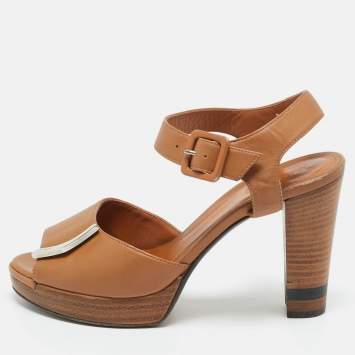 Pre Owned Fendi Brown Leather Peep Toe Platform Ankle Strap Sandals Size 38