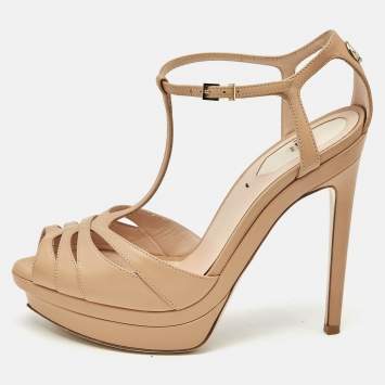 Pre Owned Fendi Beige Leather Duo Platform T-Strap Sandals Size 37