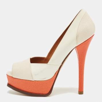 Pre Owned Fendi Cream/Orange Lizard Embossed Leather Fendista Peep Toe Pumps Size 37,5