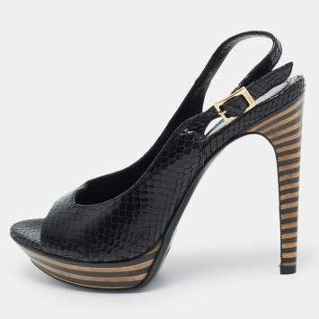 Pre Owned Fendi Black Python Embossed Leather Ankle Strap Sandals Size 38