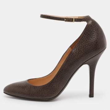 Pre Owned Fendi Brown Leather Ankle Strap Pumps Size 36.5