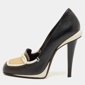 Pre Owned Fendi Black/White Lizard Embossed Leather Pumps Size 37.5