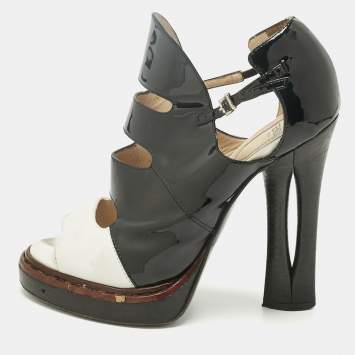 Pre Owned Fendi Black/White Leather and Patent Open-Toe Platform Sandals Size 36
