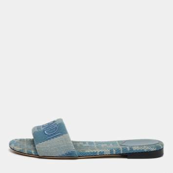 Pre Owned Fendi Blue Canvas Sunshine Flat Slide Size 40