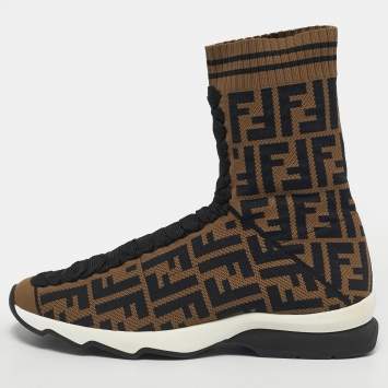 مملوكة مسبقًا Fendi Brown/Black Zucca Knit Fabric Sock Sneakers Size 38
