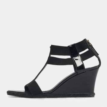 Pre Owned Fendi Size 41 Black Elastic and Patent Leather Espadrille Wedge Sandals