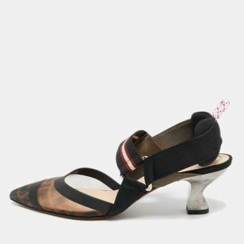 Pre Owned Fendi Colibri Size 37 Black/Brown Canvas, Mesh and Rubber Slingback Pumps