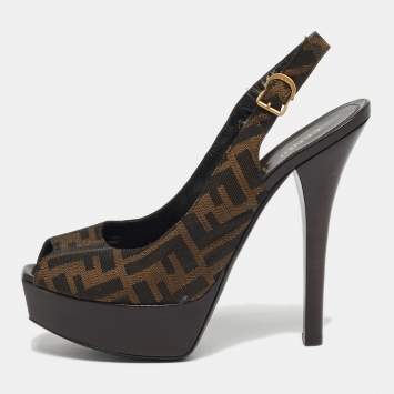 Pre Owned Fendi Fendista Size 39 Tobacco Zucca Canvas Platform Slingback Sandals