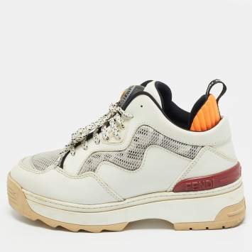 مملوكة مسبقًا Fendi Size 35.5 White Leather and FF Mesh Low Top Sneakers