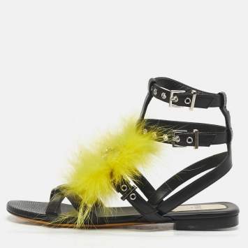 Pre Owned Fendi Size 35 Black/Yellow Leather and Fur Monster Gladiator Flat Sandals