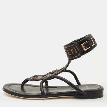 Pre Owned Fendi Size 35 Black/Brown Leather Ankle Strap Flat Sandals