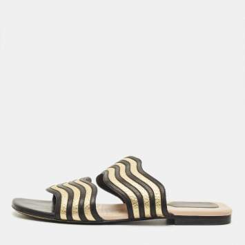 Pre Owned Fendi Striped Wave Size 38 Black/Gold Leather Flat Slide