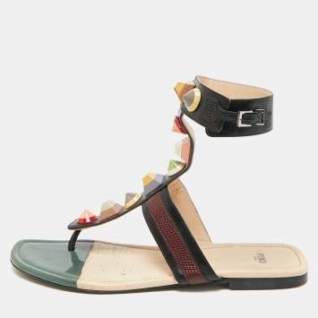 Pre Owned Fendi Size 41 Multicolor Leather Studded Ankle Cuff  Flat Sandals