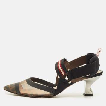 Pre Owned Fendi Colibri Size 38 Black/Brown Zucca Mesh Slingback Pumps