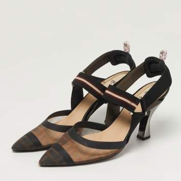 Pre Owned Fendi Colibri Size 40 Black Leather and Mesh Slingback Pumps