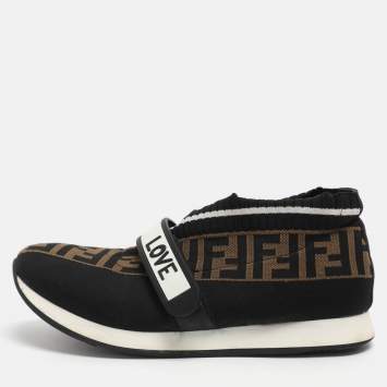 Pre Owned Fendi Rockoko Size 37 Brown Zucca Knit Fabric Low Top Sneakers