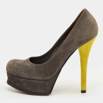 Pre Owned Fendi Fendista Size 38 Grey/Green Suede Platform Pumps
